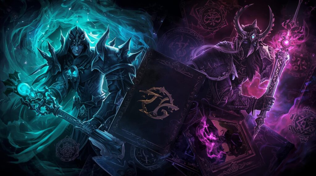 Fantastična ilustracija trading card game svijeta s magičnim likovima, energijom i stiliziranim kartama, prikladna za webshop Svijet karata